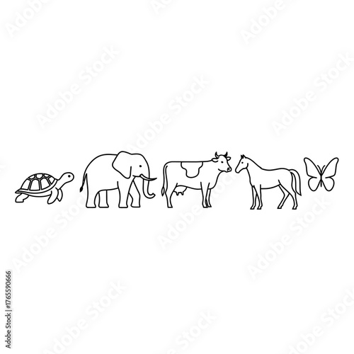 Diverse Animal Lineup Turtle Elephant Cow Horse and Butterfly.