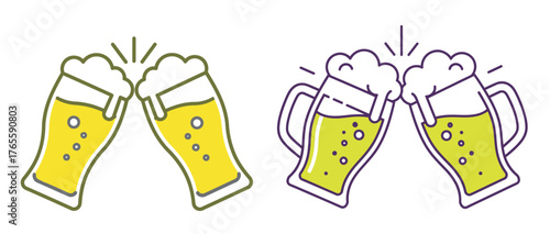 Two beer glasses clinking together in a cheers celebration isolated on white background