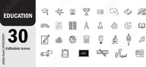 Collection of 30 simple line art icons representing education and learning concepts