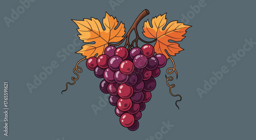 Cartoon-style bunch of grapes with autumn leaves on a gray background