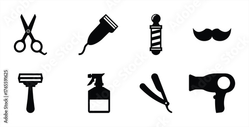 Barbershop Icon Set in Black Silhouette Style