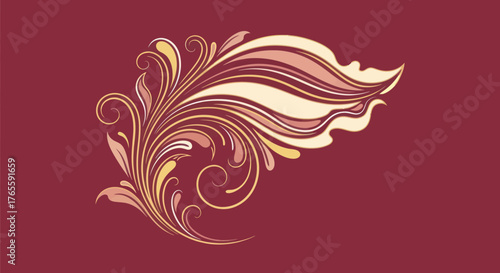 Swirling, ornate floral design in beige/gold hues against a maroon background