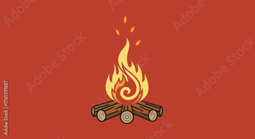 Cartoon bonfire icon with logs and flames, on a solid red background