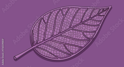 Detailed purple leaf illustration with line art and blocky inner details