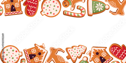 Decorative frame of gingerbread cookie shaped of house, mitten, reindeer, tree, candy cane and ornament on a white background in flat style.