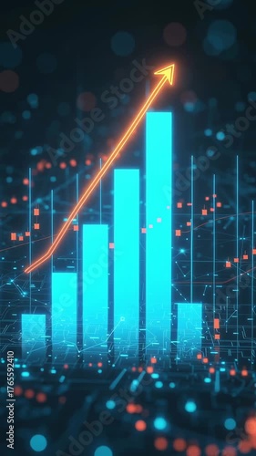 Glowing orange arrow indicating upward trend over blue digital bar chart with bokeh lights