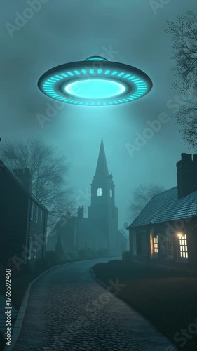 A glowing flying saucer descends over a quiet village street and church spire