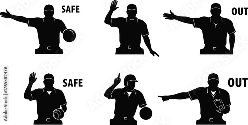 Baseball umpire silhouette illustration, safe and out hand signals, sports referee gesture icons, black vector set, isolated on white