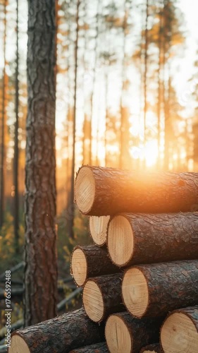 Stacked freshly cut logs showing tree rings and rough bark bathed in warm sunlight