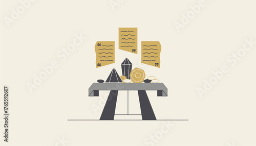 Altar of wisdom and philosophy with scrolls of quotes, geometric shapes and stones on a table, minimalist vector illustration symbolizing learning, contemplation and insight