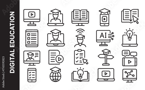 E-Learning Finance and Resource Icons. Subscription, Payment, Digital Library, and Classroom Tools Line Vector Set.