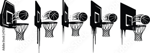 Basketball motion illustration, urban style, dripping paint effect, hoop sequence, black and white artwork, dynamic sports concept, street art vibe