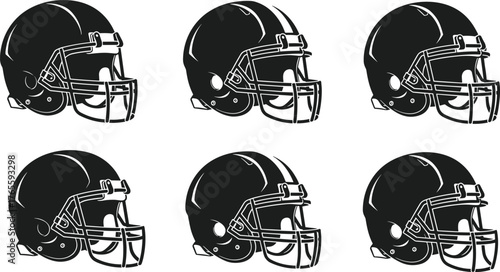 Black American football helmets, side view, sports gear, protective equipment, team uniform, gridiron style, athletic safety, isolated illustration, vector design