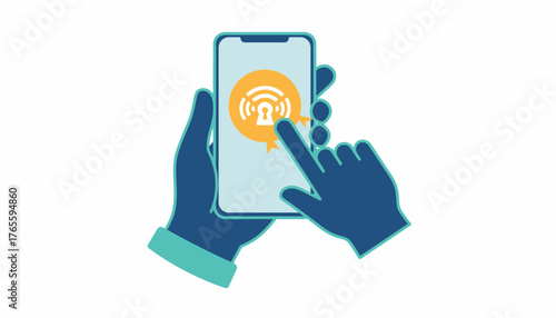 Hands holding a smartphone displaying a wi fi symbol with a protection lock icon, illustrating secure wireless connection and cybersecurity measures on a transparent background