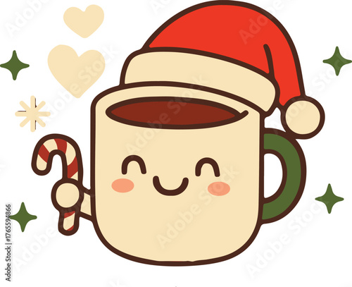 Cute Cartoon Coffee Mug with Santa Hat and Candy Cane in Flat Vector Style
