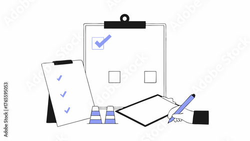 A team of organizers coordinating logistics using clipboards and tablets while a large poster of the event details is pinned to a public notice board.