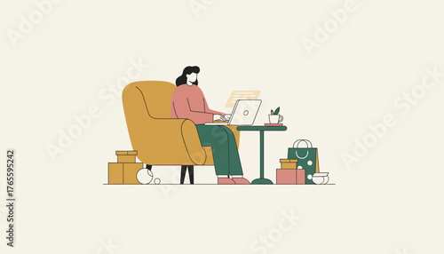 Woman sitting comfortably on an armchair at home, successfully completing online purchases and working remotely using a laptop, with shopping bags and delivery boxes nearby