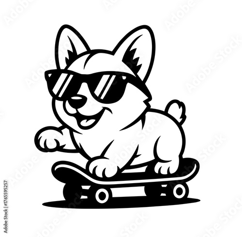 cute dog redhead pembroke welsh corgi standing a skateboard on the street for a summer walk in the park
