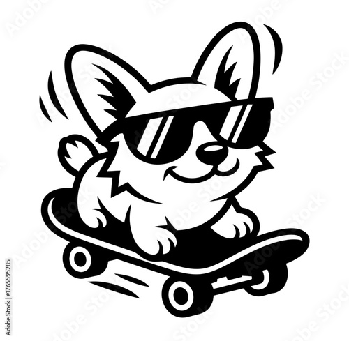 cute dog redhead pembroke welsh corgi standing a skateboard on the street for a summer walk in the park
