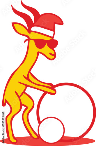 Gerenuk rolling huge snowballs wearing a santa hat and sunglasses