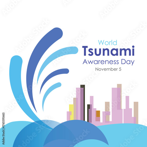 World Tsunami Awareness Day, 5 November vector, illustration. Tsunami waves hitting modern coastal city design.