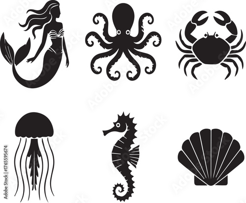 Six black silhouette icons of marine life and a mermaid on a white background mermaid silhouette octopus silhouette