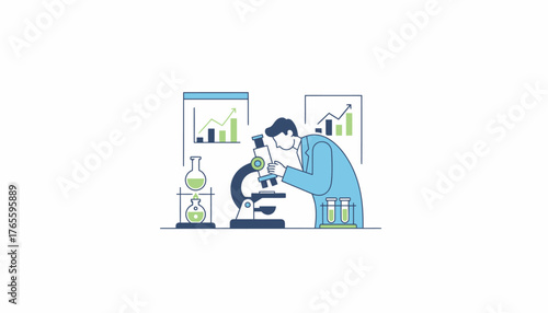 Scientist examining samples under a microscope in a well equipped lab with glassware and data charts, illustrating research, analysis, and scientific discovery, transparent background option
