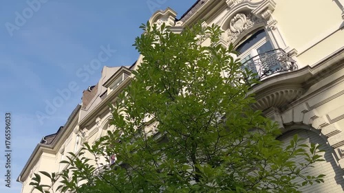 Bottom view of traditional, old buildings in Frankfurt. It shows German architectural style.