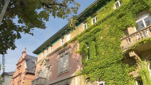 Bottom view of traditional, old buildings in Frankfurt. It shows German architectural style.