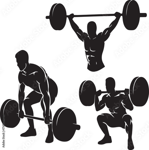 Three black silhouette figures performing weightlifting exercises with barbells fitness strength