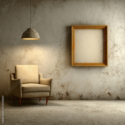 Empty frame and armchair are illuminated by a single lamp in a minimalist interior.