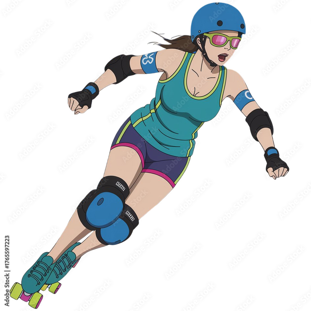Naklejka premium roller skating athlete in teal outfit with helmet and safety gear