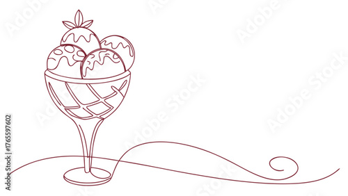 Delightful ice cream sundae dessert, a simple line art illustration perfect for cafe menus, summer promotions, or sweet treat designs needing a touch of whimsy