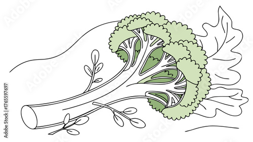 Fresh broccoli floret, vector outline drawing, healthy eating concept, vibrant nutrition, elegant vegetarian cuisine, modern organic food design element