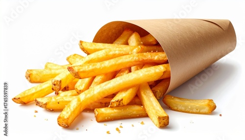 Golden French fries in brown paper cone on neutral background