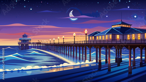 Very beautiful nighttime view of Huntington Beach Pier, California, USA, illuminated by soft lights reflecting on gentle ocean waves, with the long pier stretching into the dark, serene waters under 