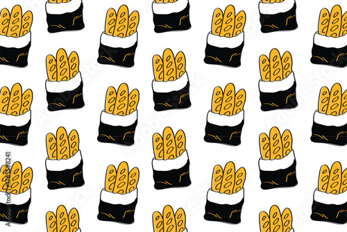 Baguette and Bakery Illustration Pattern for Branding, Wrapping, and Menu Design. Rustic pattern of baguettes and bread loaves in doodle style. Perfect for restaurant packaging, branding, and textile 