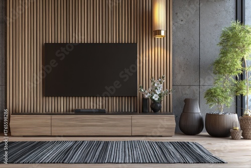 Modern living room with a television mounted on a slatted wood accent wall.