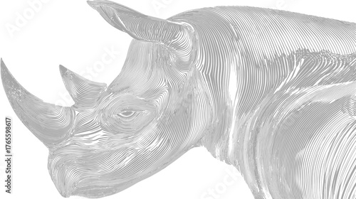 Abstract artistic rendering of a majestic rhinoceros in profile, minimalist and elegant wildlife illustration on a white background.