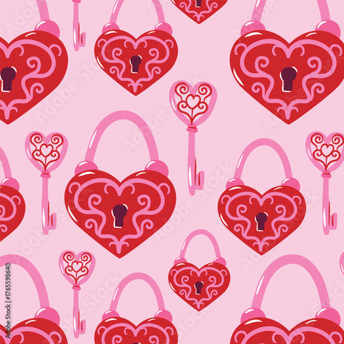 Seamless pink and red pattern with hand drawn heart shaped love lock and key. Romantic Valentines Day or wedding design. Vector background