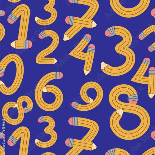 Seamless pattern ute funky twisted flexible pencils bent into in numbers from 0 to 9. Funky flexible school supplies. Vector illustration