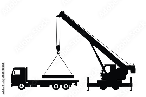 Scalable vector illustration of a crane lifting cargo onto a truck eps format silhouette vector illustration white background