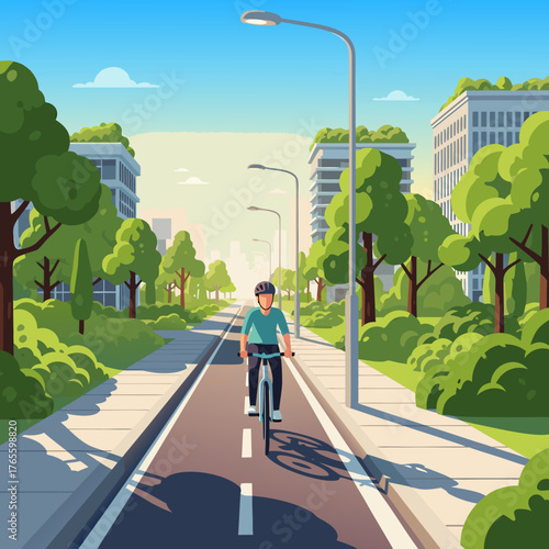 Cyclist Enjoying a Leisurely Ride Through a Green Urban Landscape on a Dedicated Bike Lane