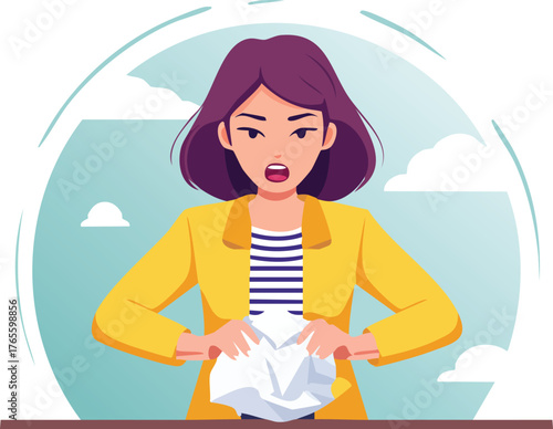 Angry Business Woman Crushing Paper Vector Illustration, Stress and Frustration Concept
