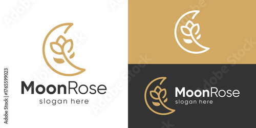 Creative simple moon rose logo template. Crescent with rose flower logo design vector illustration.