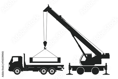 Mobile crane lifting rectangular load onto flatbed truck vector illustration scalable eps icon silhouette vector illustration white background