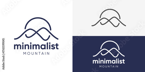 Creative minimalist mountain logo template. Simple mountain hills peak summit with sun for Landscape logo design vector illustration.
