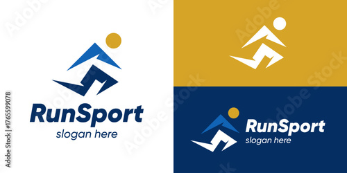 Creative simple run sport logo template. Abstract people run with nature symbol logo design vector illustration.
