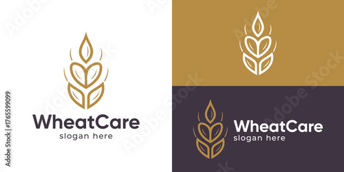 Creative simple wheat care logo template. Wheat grain with abstract love symbol for healthy food logo design vector illustration.
