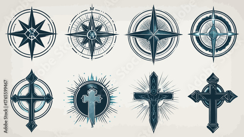 Vintage Navigational Compass Rose and Religious Cross Symbol Icons Set. Retro Spiritual and Directional Vector Graphics Collection.